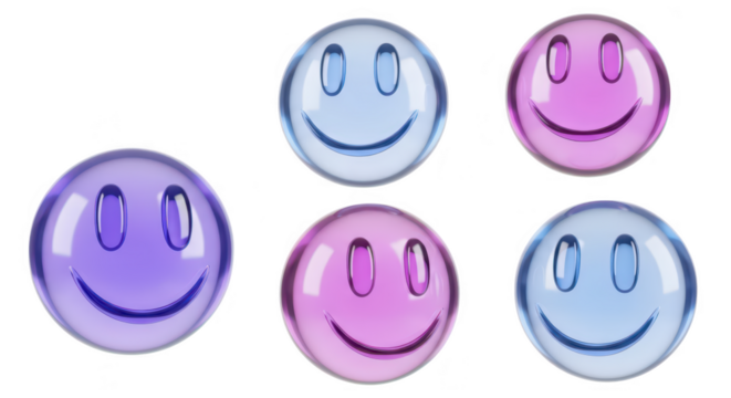 Colorful translucent smileys on a white background expressing happiness and positivity suitable for design elements
