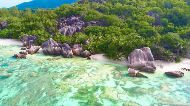 Panoramic view of Anse Source d'Argent. La Digue island, Seychelles