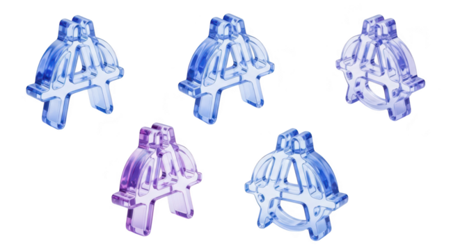5 translucent anarchy symbols arranged on a white surface showcasing a conceptual design with gradients and shadows potentially for social commentary