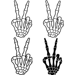 Four Skeleton Hands Giving the Peace Sign Conveying Themes of Death and Rebellion with Bold Outlines
