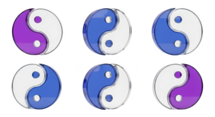 Six transparent Yin Yang symbols reflecting light on a white backdrop depicting balance and harmony Conceptual design