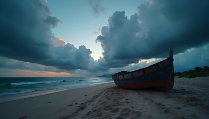 Verlassenes Boot am Strand bei Sonnenuntergang  
