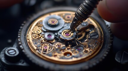 Close-up of watchmaker repairing intricate watch gears