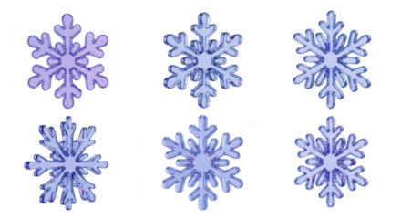 Six translucent snowflake illustrations on a white background perfect for winter season greeting cards decorations and holiday-themed designs