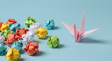 A pink origami crane surrounded by crumpled pieces of multicolored paper. 