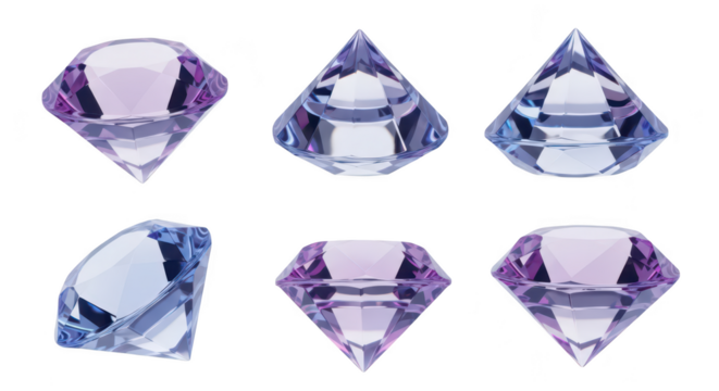 Group of gemstone cut diamonds isolated on white background showing facets and gradients suitable for luxury jewelry and design