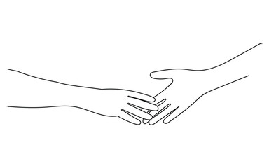 Continuous one line art of romantic or helping concept, Two hands reaching out towards each other drawn by continuous one line. 