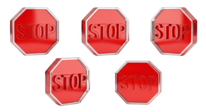 Five shiny 3D red octagon traffic signs with STOP against white background representing traffic regulation for educational or illustrative use