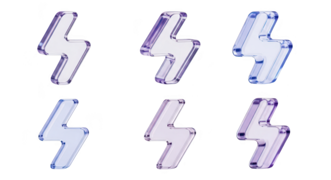 Six colorful transparent lightning bolt symbols on a white background showcasing energy concepts and visual design elements suitable for digital media - Powered by Adobe