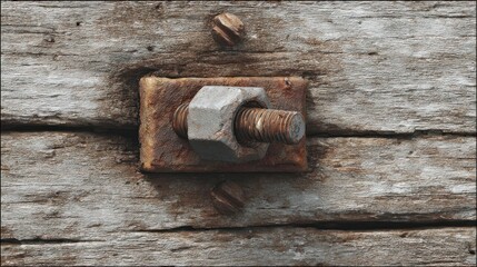 Rusty bolt and nut on weathered wood