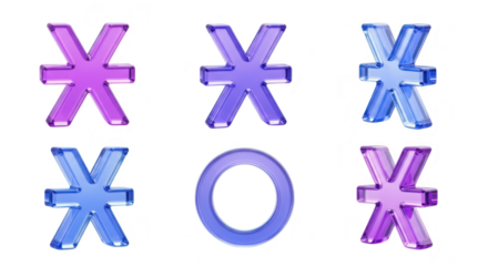 Colorful transparent 3D symbols arrange a tic-tac-toe game on white showcasing visual design elements for abstract concepts and digital art