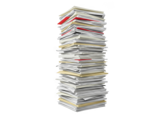 Tall stack of paper documents and files isolated on transparent background