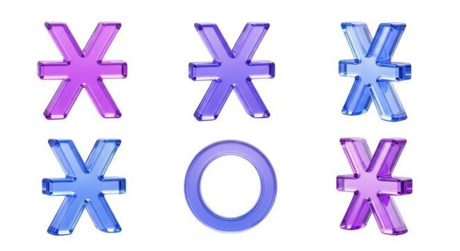 Colorful transparent 3D symbols arrange a tic-tac-toe game on white showcasing visual design elements for abstract concepts and digital art - Powered by Adobe