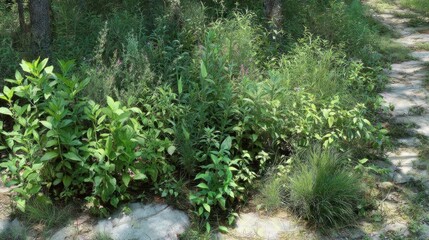 Fototapeta premium Lush foliage along a stone path in a forest