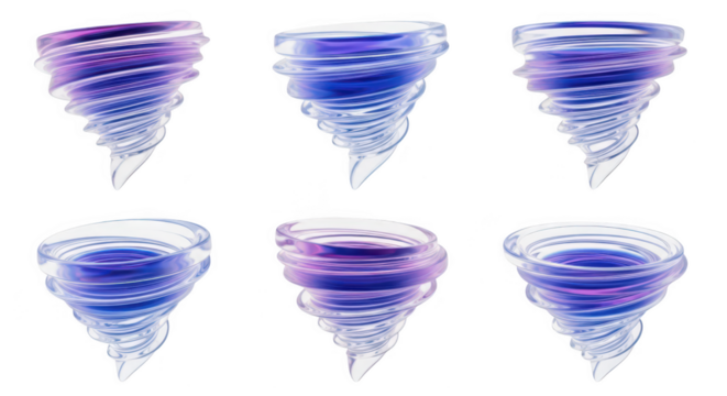 3D rendered collection of six swirling tornadoes isolated on a white background useful for weather reports or science illustrations