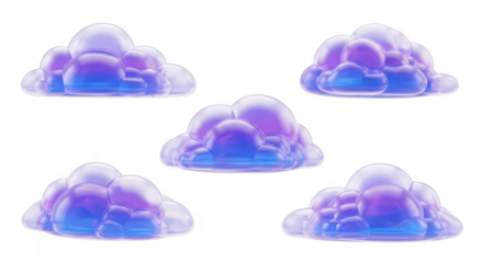 Five stylized purple and blue cloud illustrations on a white background used for design or digital art depicting weather