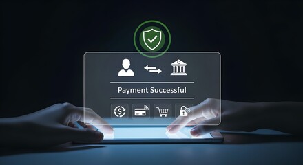 Hands Using Tablet with Glowing Payment Interface on Dark Background