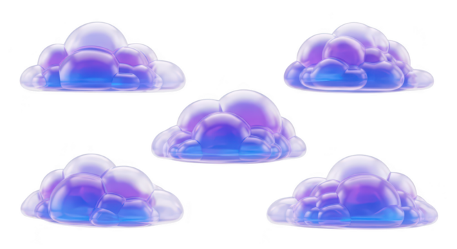 Five stylized purple and blue cloud illustrations on a white background used for design or digital art depicting weather