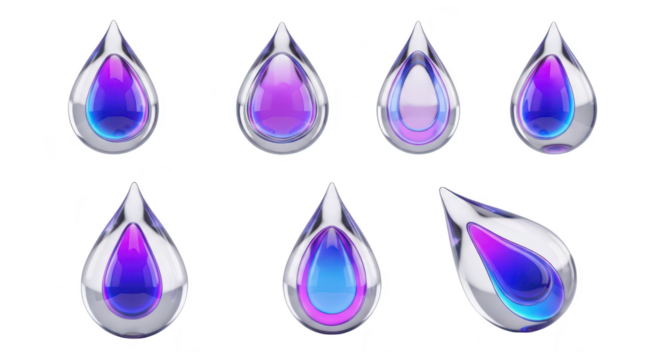3D rendered metallic water drops with gradient colors arranged against a clean white background for abstract or cosmetic design purposes