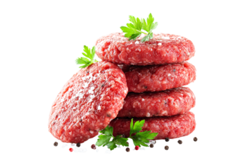 Stack of raw beef burger patties with parsley isolated on transparent background