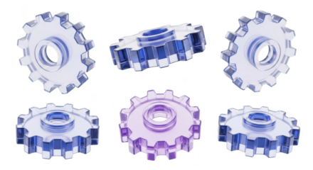 Transparent gears rotating on a white background symbolizing teamwork efficiency or technology development Possible use illustrating concepts