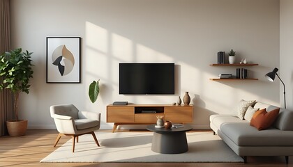 mid century modern living room with wood console, minimalist plants, retro shapes, warm tones, vintage inspired home decor