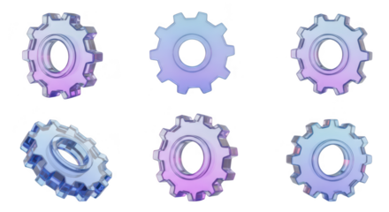 Six stylized translucent gears rendered in various perspectives isolated on white representing technology process or mechanical concepts