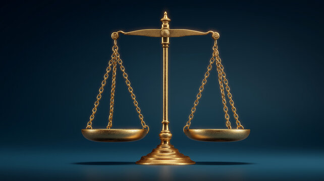 Golden scales of justice on blue background symbolize fairness and balance. elegant design and shiny finish evoke sense of authority and impartiality