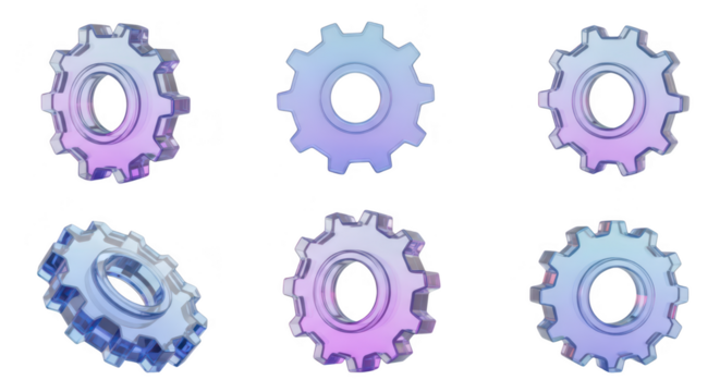 Six stylized translucent gears rendered in various perspectives isolated on white representing technology process or mechanical concepts