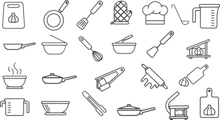 Cooking Tools Line Icons – Knife, Pan, Spoon, Fork, Pot, Whisk, Rolling Pin Vector Set
