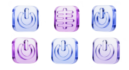 Transparent power button icons in various colors on a white background illustrating on/off concepts for technology or design