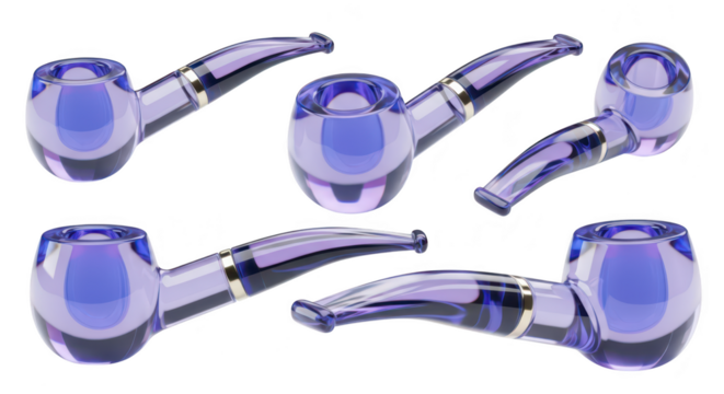 Multiple clear blue glass tobacco pipes angled on a white surface with soft shadows For use in design or illustration