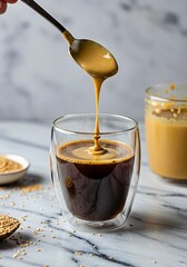 Tahini being poured into a glass of coffee on marble table  