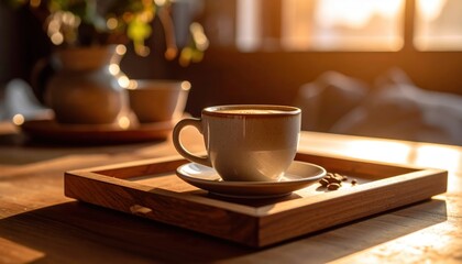 Steaming cup of coffee on rustic wooden tray, a cozy morning ritual aromatic