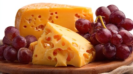 Swiss cheese blocks and red grapes, resting atop a wooden board