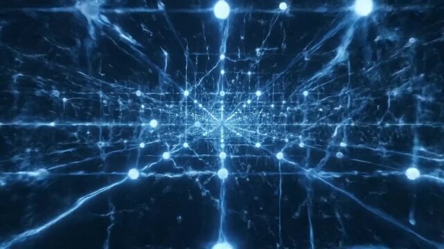 Flying through a futuristic digital grid of a neural network