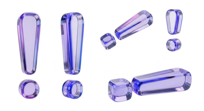 3D rendered purple glass exclamation marks on white background various angles for visual communication announcement or emphasis