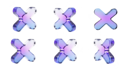 Rendered 3D glassy letter X glyphs on white background arranged in a pattern showcasing various perspectives for graphic design elements