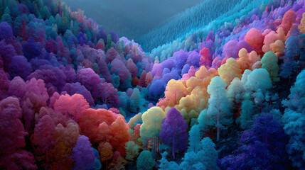 Iridescent valley filled with surreal trees and pastel rainbow light