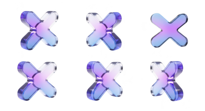 Rendered 3D glassy letter X glyphs on white background arranged in a pattern showcasing various perspectives for graphic design elements