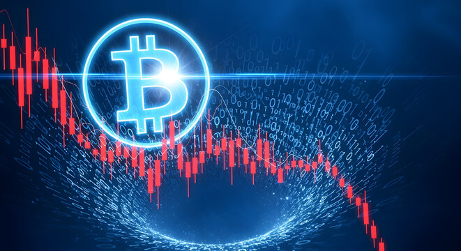 Dramatic Red Candlestick Chart Overlaid on a Luminous Blue Bitcoin Symbol with Abstract Glowing Patterns Illustrating
