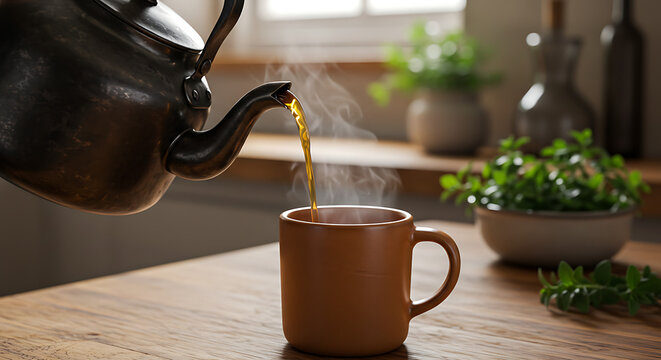 A steaming metal teapot pouring erva-doce tea into a ceramic mug, placed on a rustic kitchen table with natural light and herbs in the background