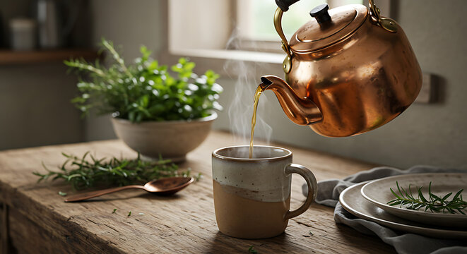 A steaming metal teapot pouring erva-doce tea into a ceramic mug, placed on a rustic kitchen table with natural light and herbs in the background