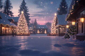 Christmas and winter holiday marketing background, with winter and christmas tree themes, christmas ornaments and presents, snowy vibes.Christmas Background