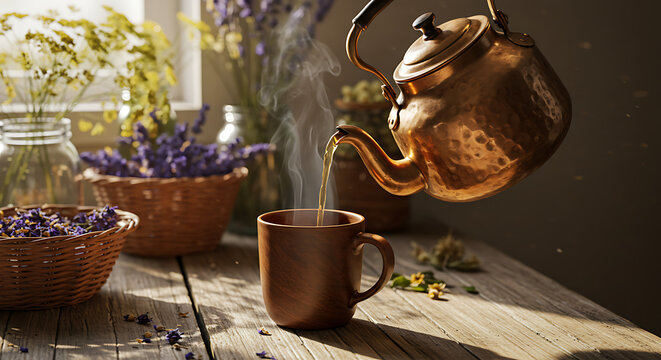A steaming metal teapot pouring erva-doce tea into a ceramic mug, placed on a rustic kitchen table with natural light and herbs in the background