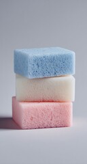 A stack of three rectangular, pastel-colored cellulose sponges; light blue, off-white, and pale pink, sits on a neutral gray background