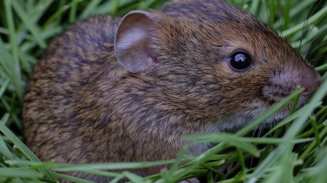 Small wild rodent (mouse or vole) in grass close‑up in natural daylight - possible field mouse or grass vole wildlife portrait