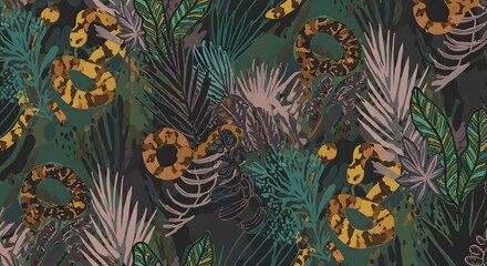 Pattern featuring a tropical theme with snakes and foliage