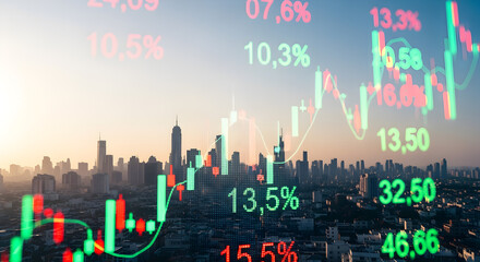 Dynamic Financial Chart Overlay on a Modern Cityscape with Data Displays and Rising Stock Market Trends under a Clear