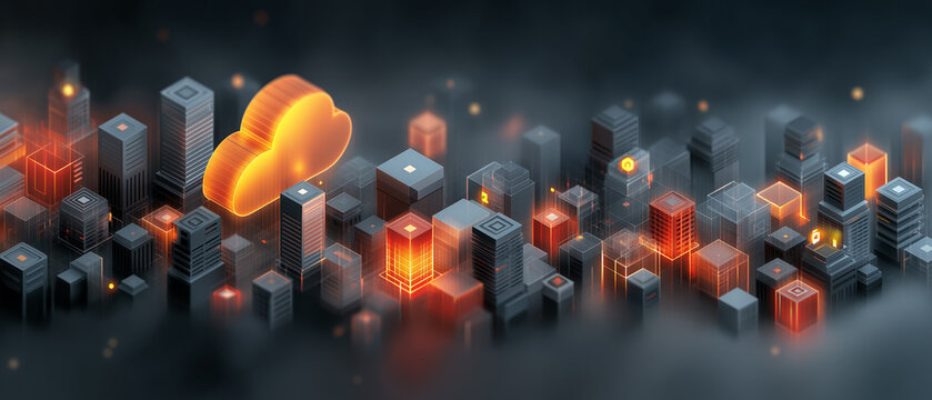 A futuristic, dark cityscape with glowing orange buildings and a prominent illuminated cloud icon, symbolizing cloud computing and data in a digital environment.